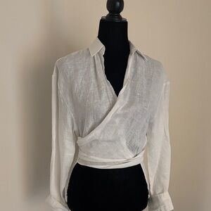 Zara White Linen Wrap Blouse